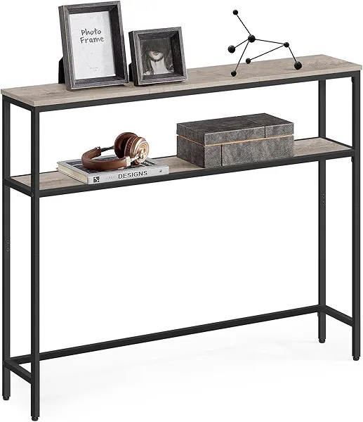 VASAGLE Console Table, 2-Tier Sofa Table, 7.9 x 39.4 x 31.5 Inches, Narrow Entryway Table, Modern Entry Table with 2 Shelves, for Living Room, Bedroom, Heather Greige and Ink Black ULNT131K0