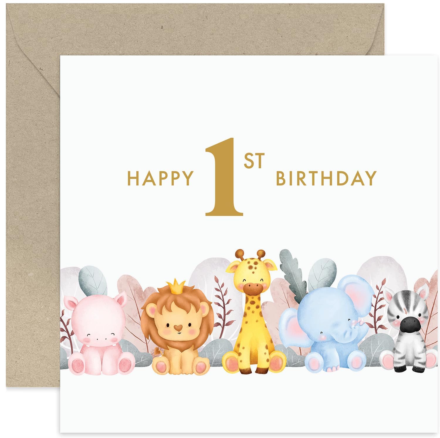 Old English Co. First Birthday Card for Boy or Girl - Age 1 - Cute Safari Animals Birthday Greeting Card for Kids Birthday - First Childrens Birthday Card | Blank Inside with Envelope