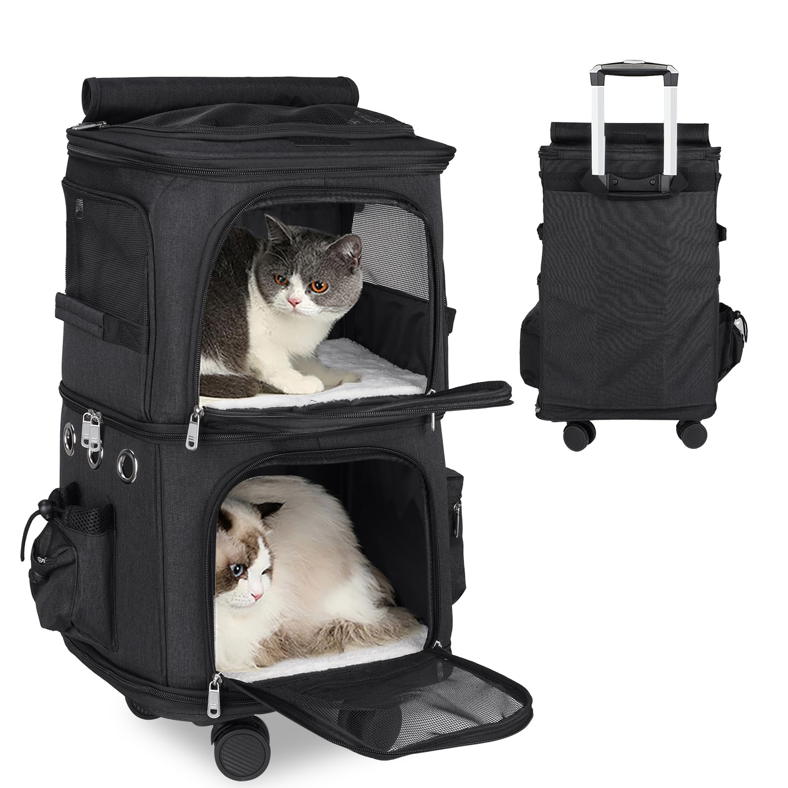 Opetdo - Bolsa de transporte para gatos, pequeños perros, mochila de transporte con doble compartimento para ruedas, transporte de gato, para viajes, senderismo, camping, gran tamaño (negro, dos