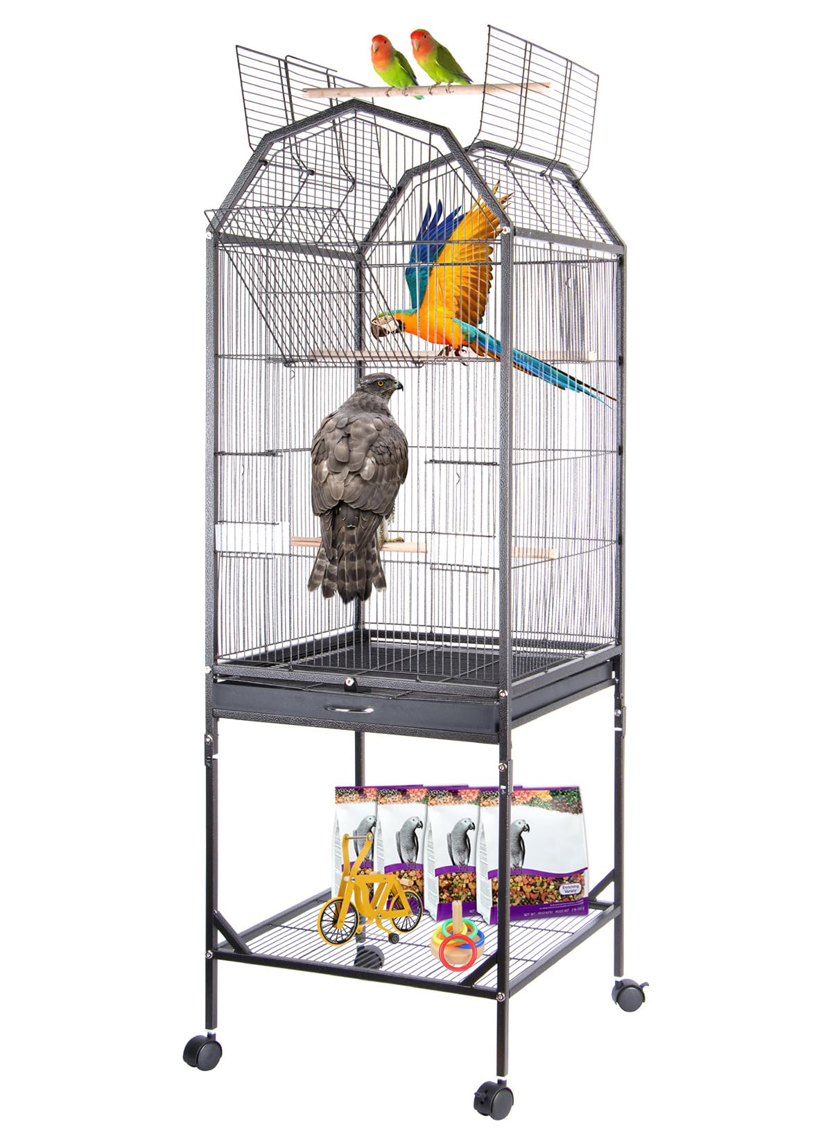 URbazaar Bird Cage, 48.5'' Large Metal Bird Cage with Play Open Top and Rolling Stand, Tray-Bottomed Parrot Cage for Wrought Iron Parakeets, Budgerigars, Cockatiels (Black)