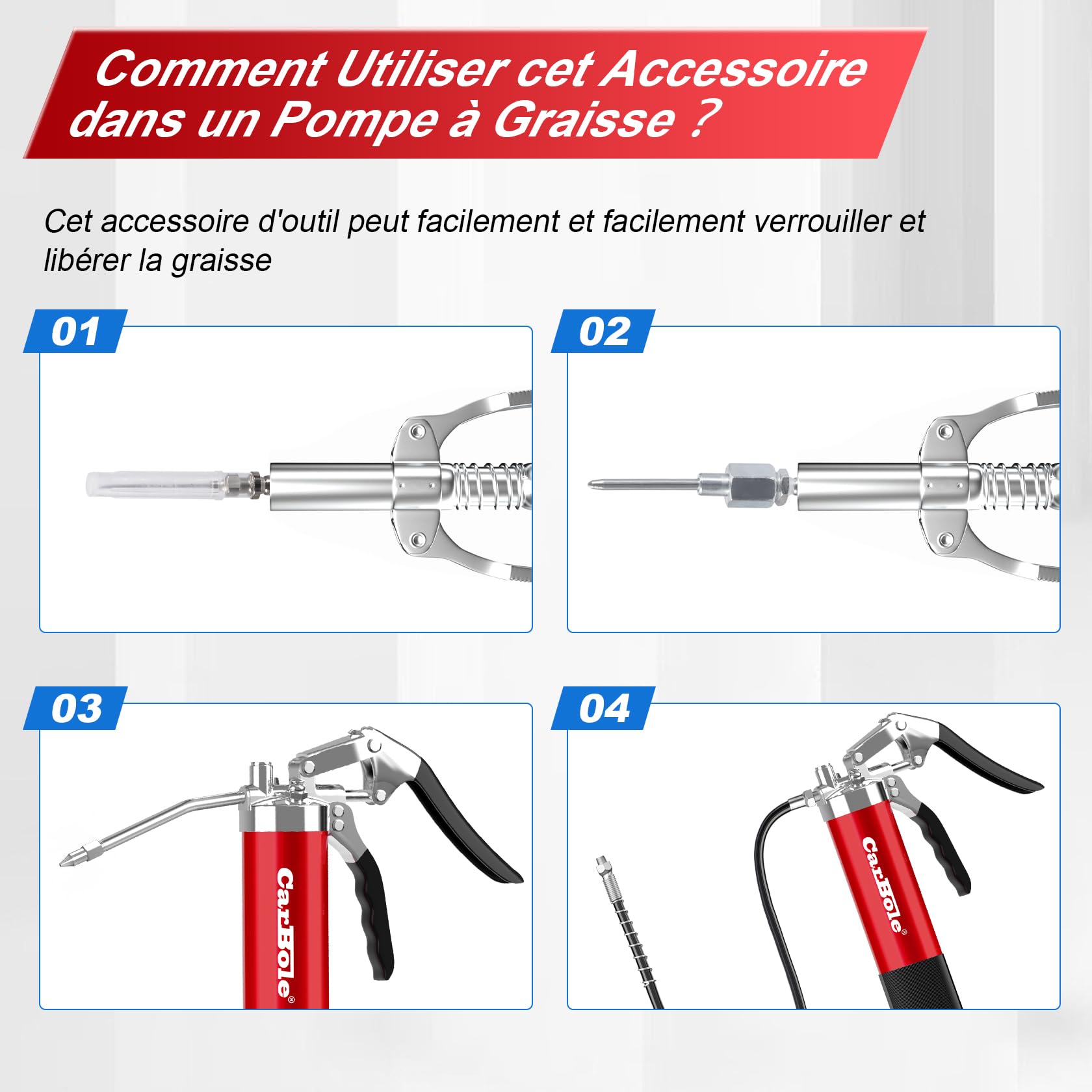 CarBole Pompe à Graisse 8000PSI avec un Coupleur et Quatre Types de Buse | Embout Pompe a Graisse,Avec Tuyau Flexible et Tuyau d'extension métallique,Compatible avec Cartouche 400cc