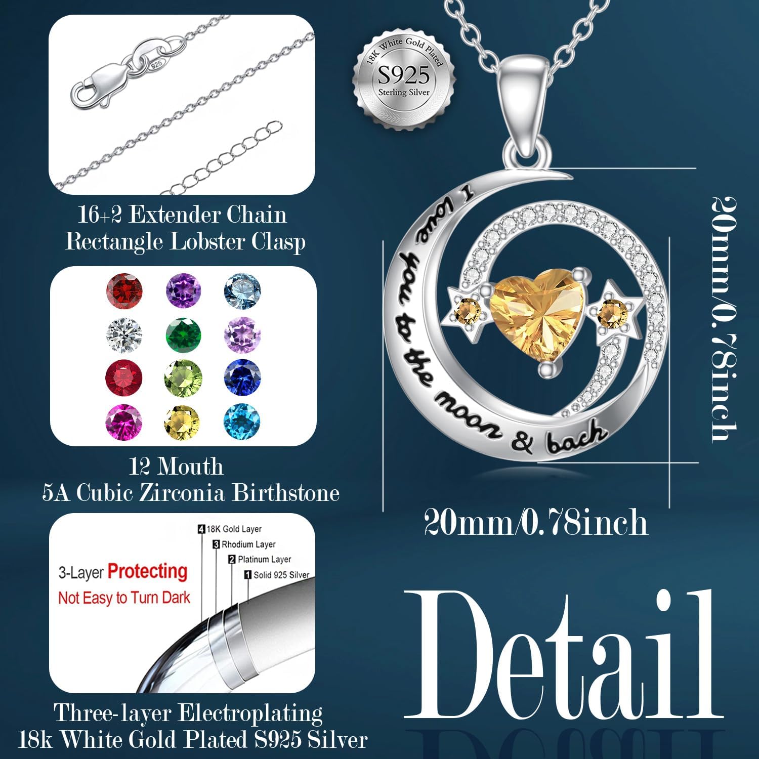 Moon and Star Birthstone Necklace for Women,925 Sterling Silver Celestial I Love You to The Moon and Back Pendant Necklaces Jewelry for Her Wife Mom Gifts for Mothers Day Birthday - Image 5