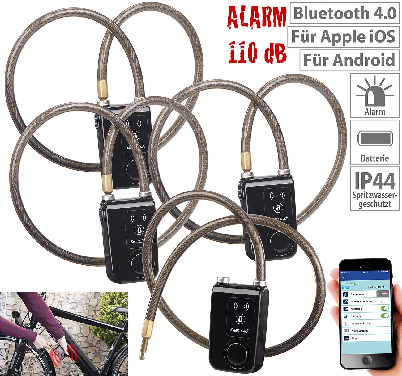 Semptec Urban Survival Technology Fahrradschloß mit: 4er-Set App-gesteuerte Kabelschlösser mit Bluetooth und Alarm (Fahrradschloss mit Alarm, App, Fahrradschloss Bluetooth, Seil)