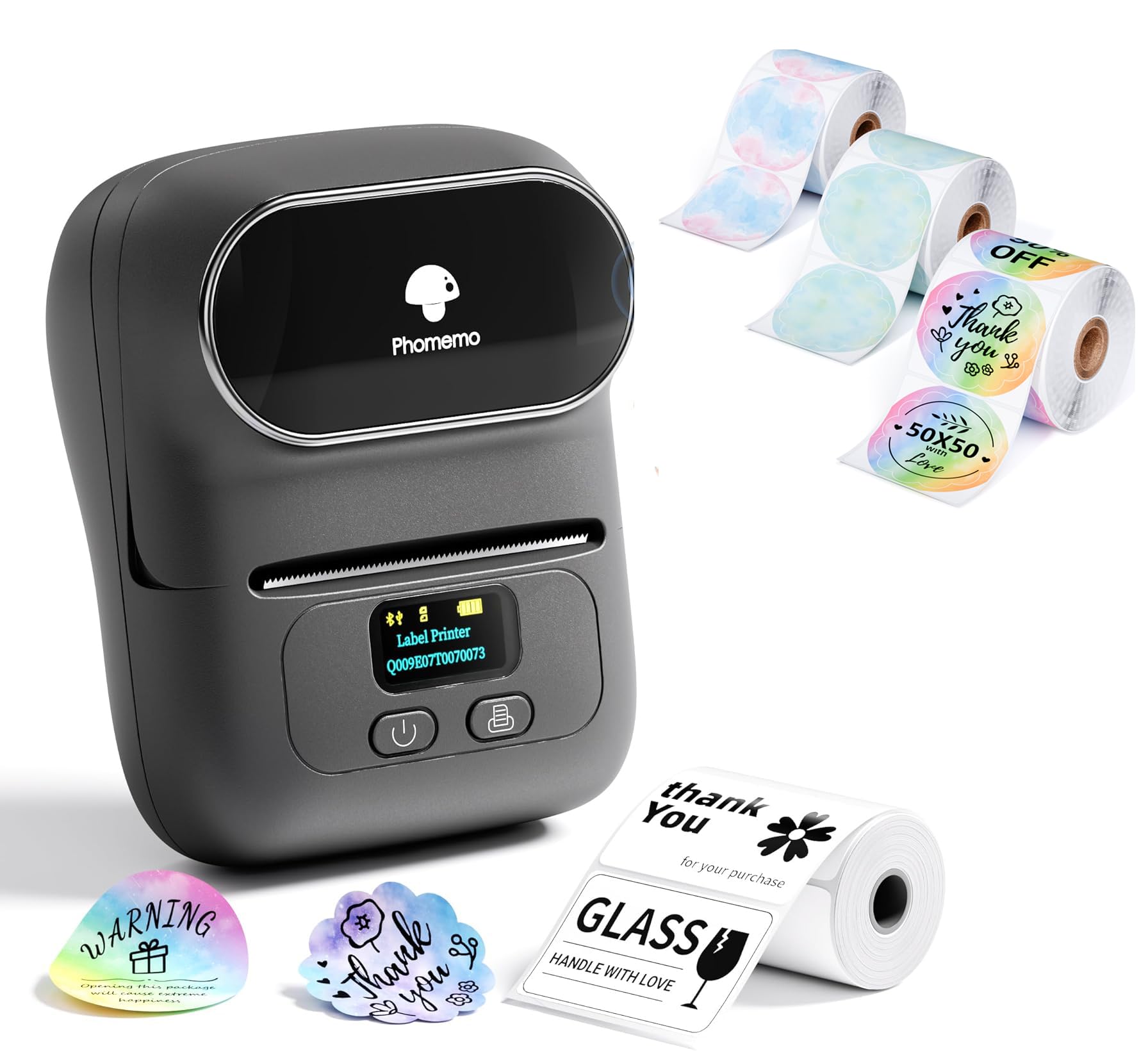 Phomemo M110 Etiquetadora con 4 Rollos de Etiquetas, Impresora de Etiquetas Adhesivas Bluetooth térmica portátil, para Uso en oficinas, códigos de Barras, pequeñas Empresas, Tiendas