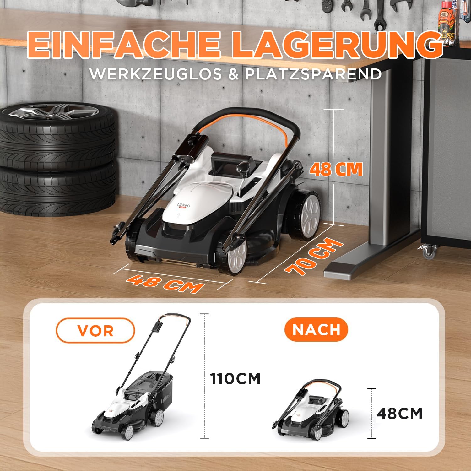 Litheli Akku Rasenmäher, 2 x 20V, 38cm Schnittbreite, Brushless, bis 300 m², 40L Fangkorb, 25-75 mm Schnitthöhe, Rasenmäher Akku inkl. 2 x 4,0 Ah Akkus