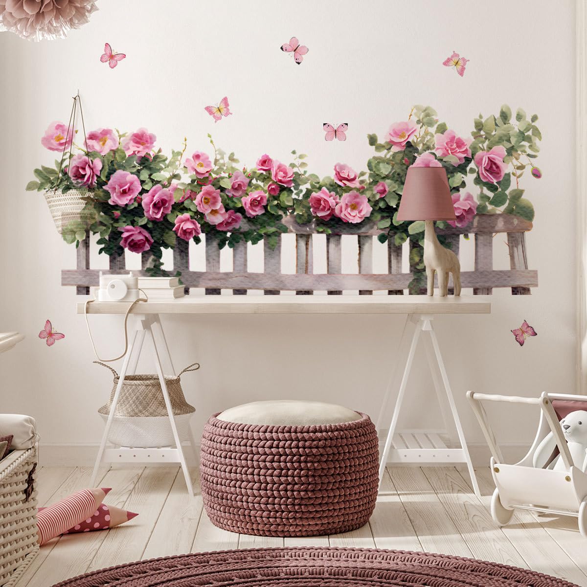 Sticker mural jardin rose 105x38 cm pour relooker un mur blanc sans peindre