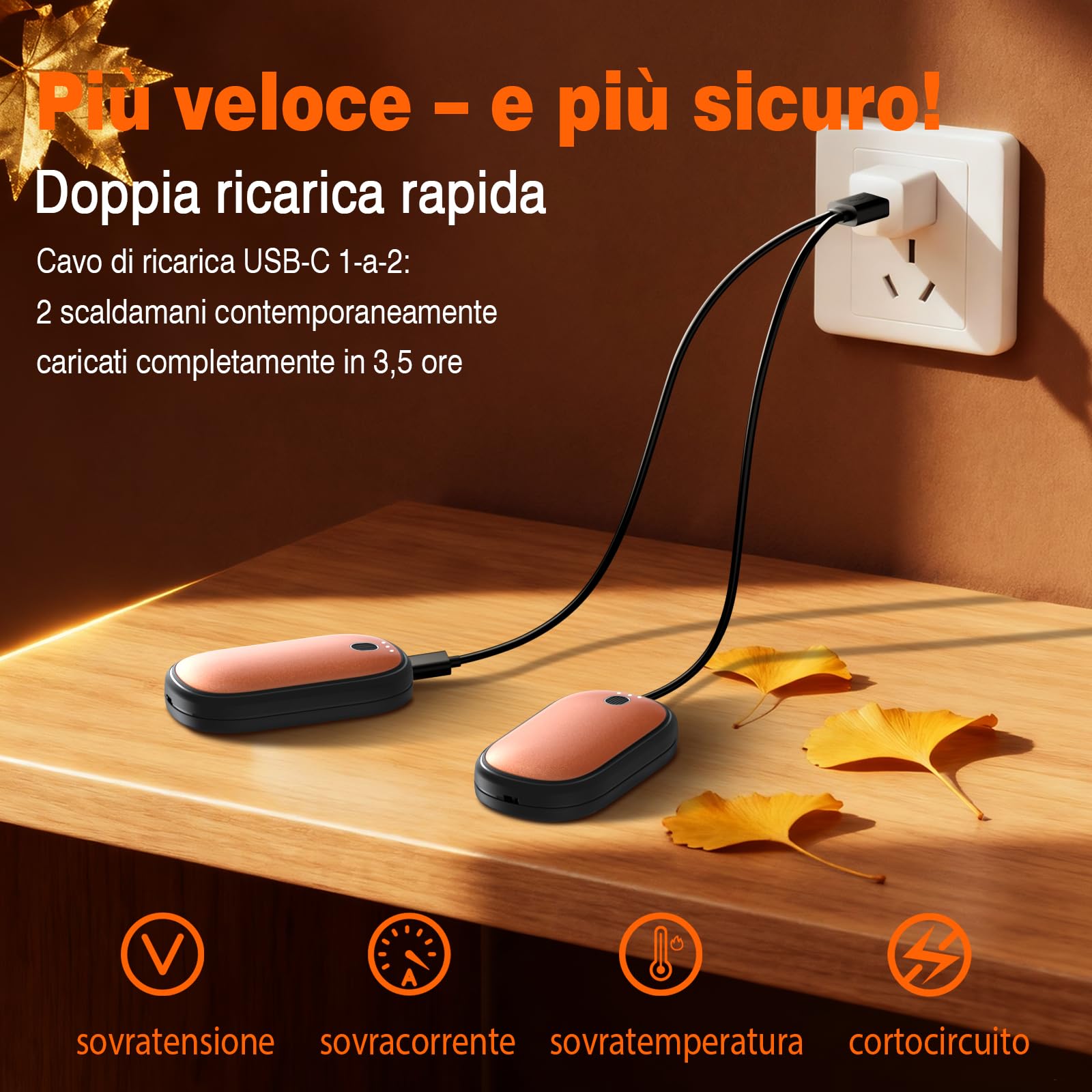 Scaldamani Ricaricabile, 2 in 1 Scaldamani Magnetico 5000mAh, Scalda Mani Elettrici USB-C, Certificato CE UL,3 Livelli di Temperatura, Per Campeggio All'aperto, Caccia e Golf (Orangegold)