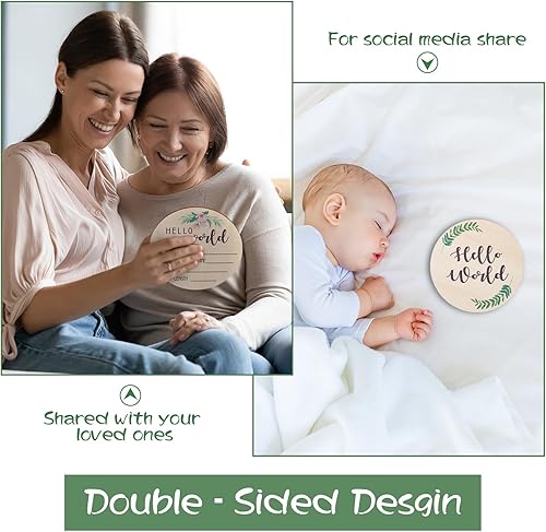 Miniatura 3 de Letrero de anuncio de bebé para nacimiento de recién nacido: letrero de madera con el nombre del mundo para hospital, tablero redondo floral