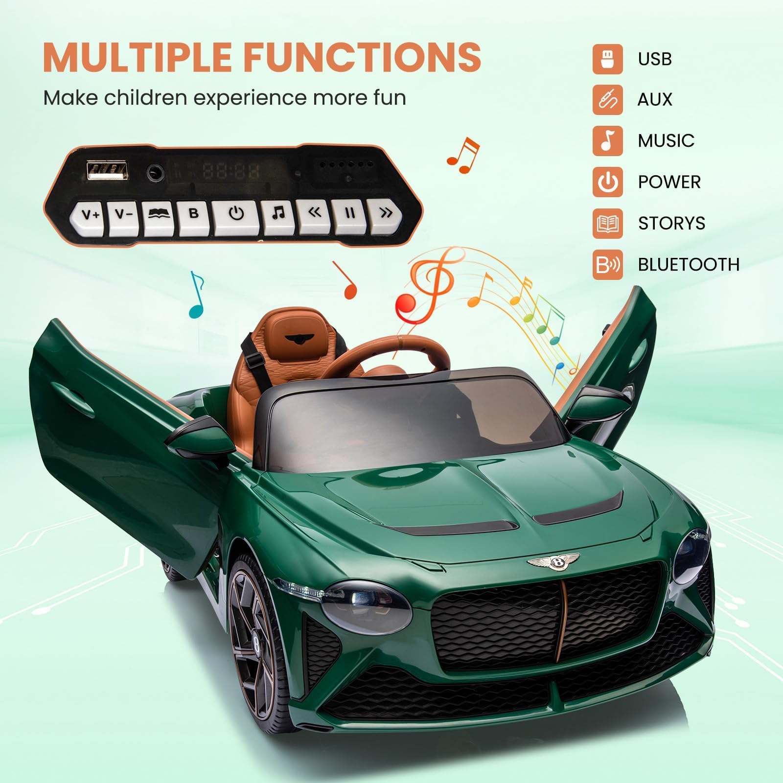 GarveeTech Lizenziertes Luxusauto Bacalar Kinder Elektroauto 12V – Mit Fernbedienung, LED-Lichter, Musik, Hupe, Scherentüren, Federung, 3 Geschwindigkeiten – Sicheres Elektroauto für Jungen & Mädchen