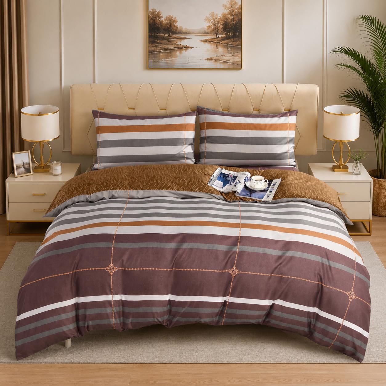 Textile Home Home DΓ©cor Brown Stripe Single Bedding Set 3 Piece - Soft Microfiber Duvet Cover & Fitted Sheet Set
