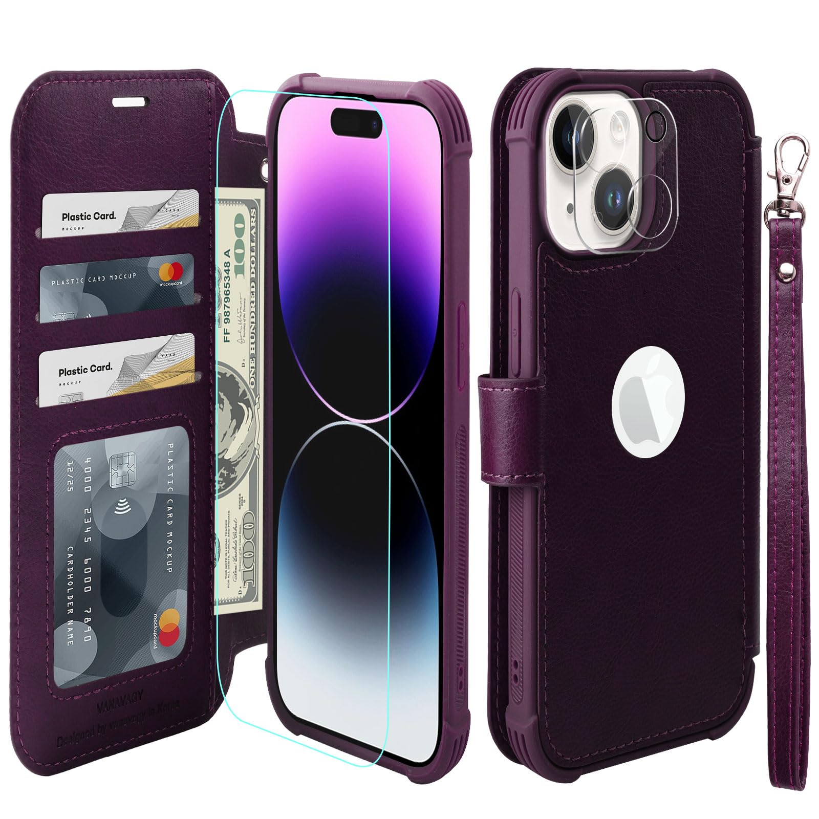 VANAVAGY Compatible for iPhone 15 Plus/14 Plus Wallet Case,RFID Flip Leather Cover with Wrist Supports Wireless Charging with Card Holder,[Glass Screen Protector & Camera],Purple