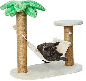LUCKITTY Small Cat Scratching Posts Kitty Coconut Palm Tree-Cat Scratch Post with Hammock and Hang Ball for Cats and Kittens-Natural Jute Sisal Scratch Pole Cat Scratcher (Post &amp;Hammock)