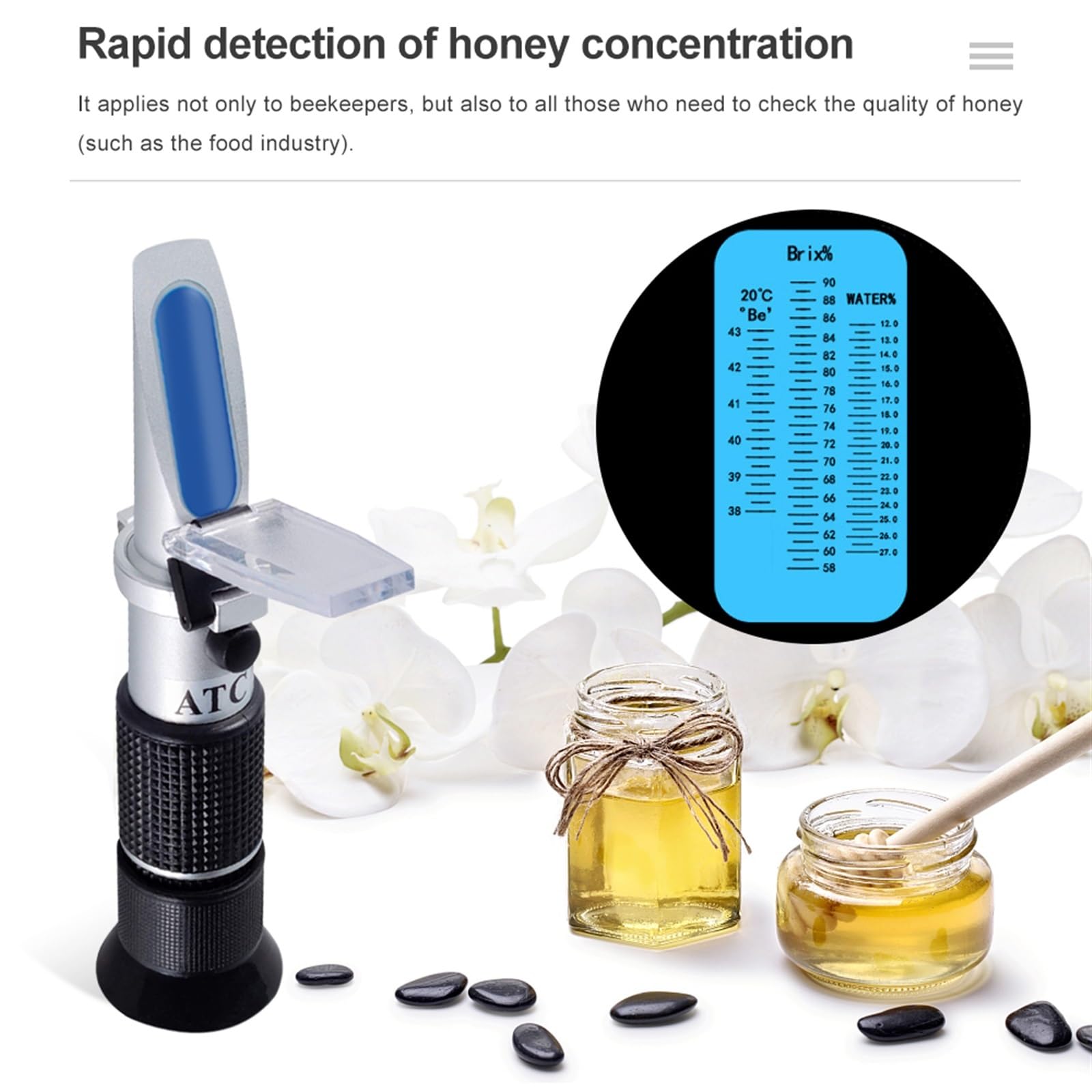 Refraktometer, 3-in-1 Handheld-Honig-Refraktometer, Feuchtigkeit, Baume Brix Skala, Bereich 58–90 % Zuckerbrechungstester