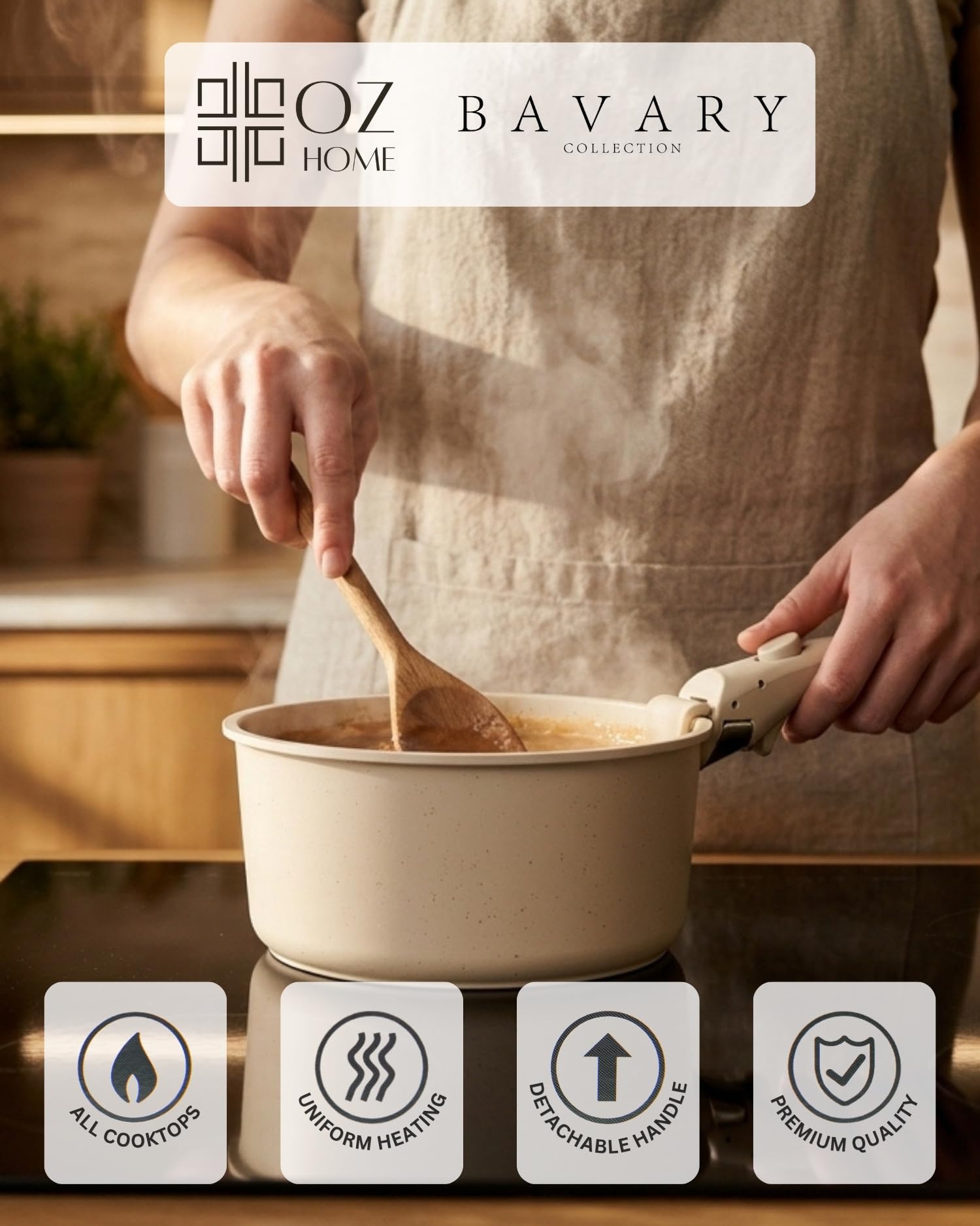 BAVARY Batería De Cocina 11 Piezas Mango Extraíble: Juego De Ollas Y Cacerolas De Cocina Inducción Antiadherente Con Tapas - Cazuelas Inducción, Ollas Cocina, Cazo Cocina - Apilable, Crema