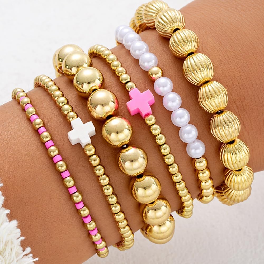 Gold Beaded Bracelets for Women,Boho Cross Stacking Bracelets Trendy Non Tarnish Preppy Bracelet Set,Aesthetic Vacation Jewelry Accessories - Image 2