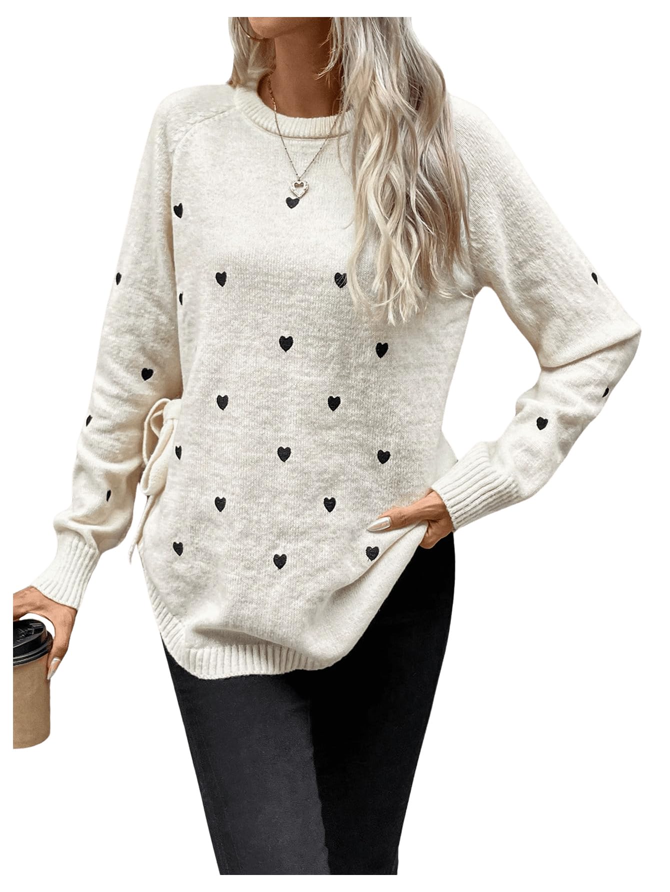 GORGLITTER Womens Heart Sweater Crewneck Oversized Side Bow Tie Winter Holiday Cozy Long Sleeve Pullover Tops