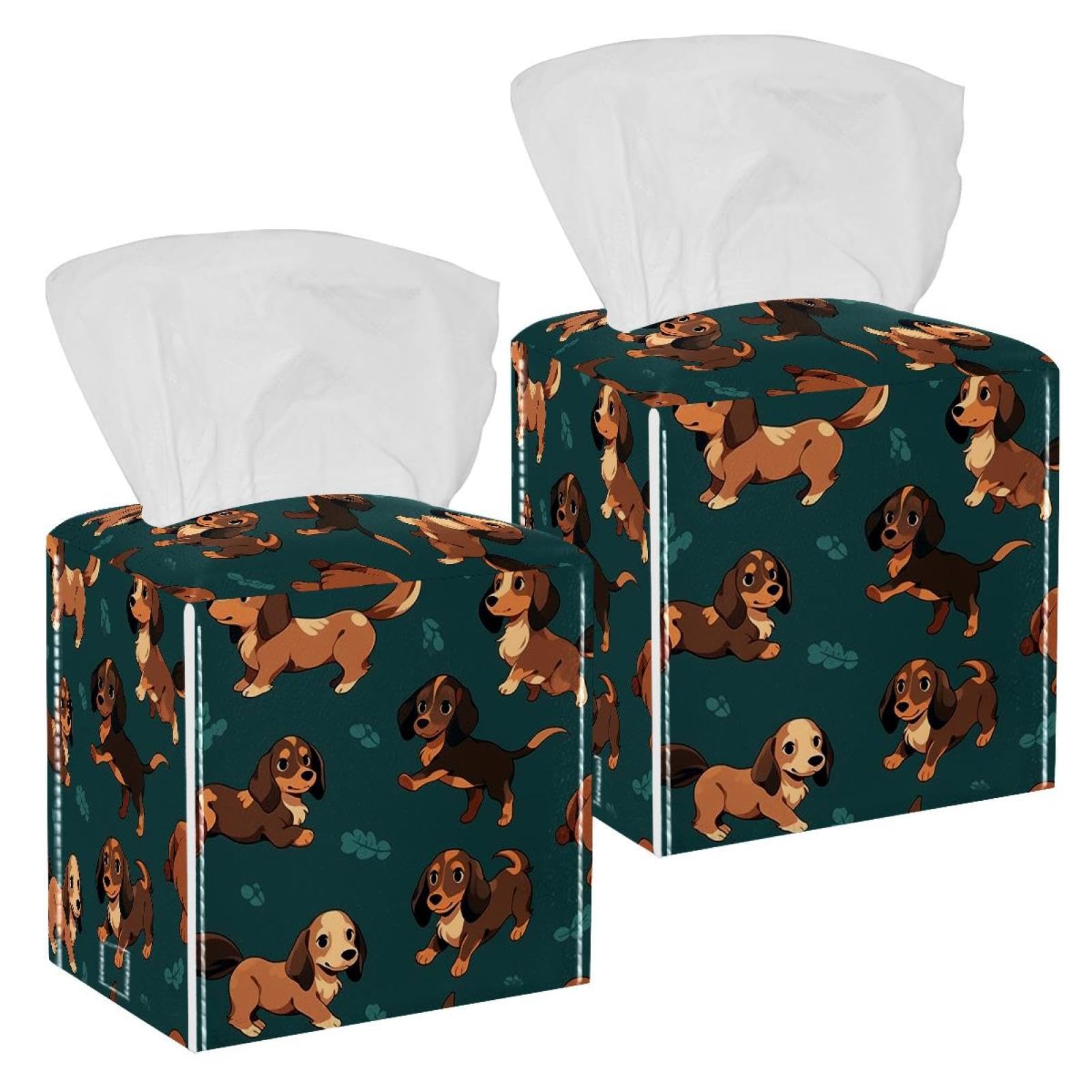 Cartoon Dog Tissue Box Cover, 2 Pack PU Leather Square Facial Tissue Dispenser Box holder for Home Office Car