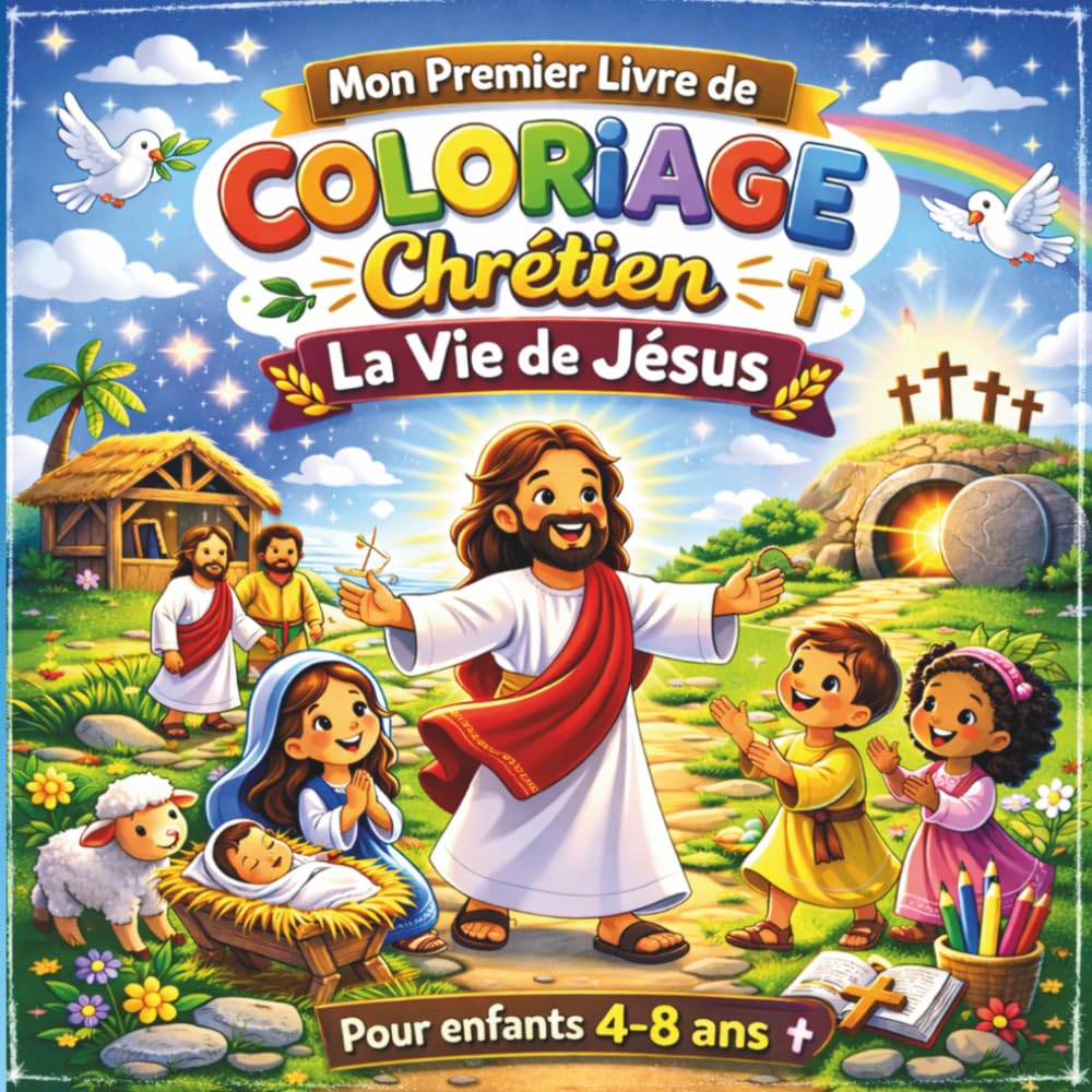 Mon premier livre de coloriage Chrétien pour enfants 4-8 ans / La vie de Jésus.: Activité chrétienne éducative – Histoires de la Bible pour enfants – catéchisme et cadeau chrétien