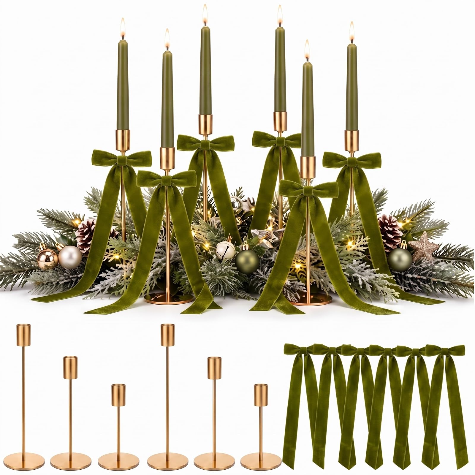 6 Sets Olive Green Christmas Party Decorations, 6 Candle Holders and 6 Velvet Ribbon Bow, Metal Brass Gold Candlestick Holders for Table Christmas Holiday Wedding Birthday Party Supplies