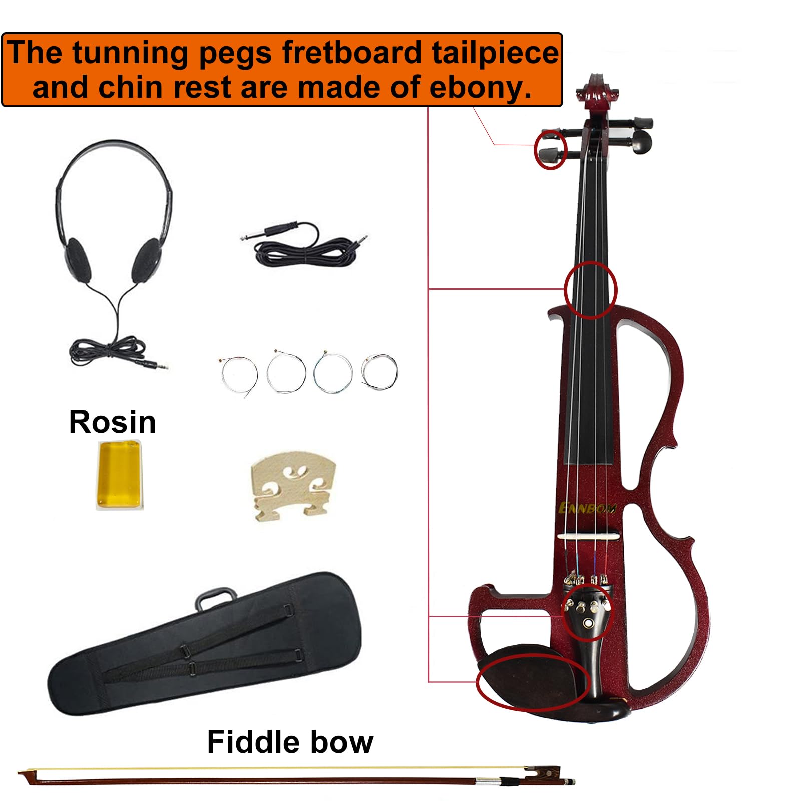 ENNBOM Beginner 4/4 Electric Violin Ebony Silent Violin Electric