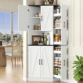 68"Tall Corner Cabinet,Kitchen Pantry Storage Cabinet with Hidden Drawer,Freestanding Kitchen Hutch Cabinet with Doors and Shelves,Tall Food Pantry Cabinet Farmhouse Furniture for Dining Room(White)