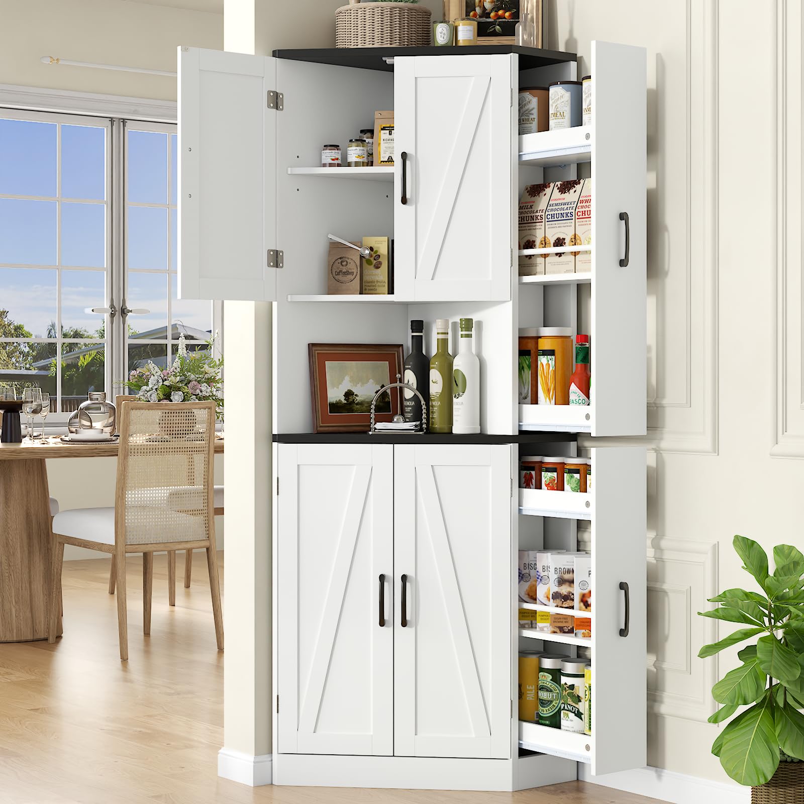 68"Tall Corner Cabinet,Kitchen Pantry Storage Cabinet with Hidden Drawer,Freestanding Kitchen Hutch Cabinet with Doors and Shelves,Tall Food Pantry Cabinet Farmhouse Furniture for Dining Room(White)