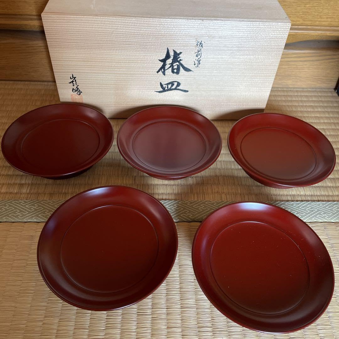 越前塗椿皿高台銘々皿漆器5枚セット古代朱うるし塗天然木