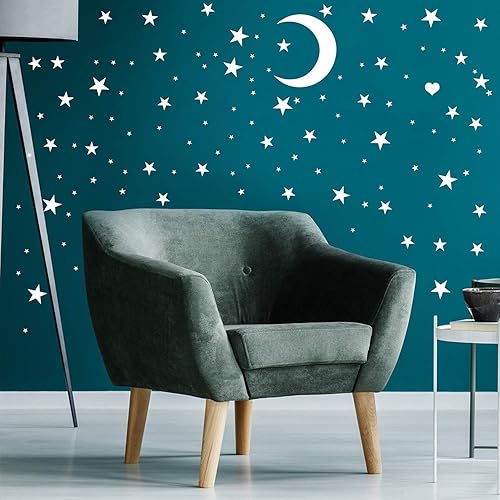 Miniatura 3 de Easma Calcomanías de pared de estrellas (191 estrellas+1 luna + 1 corazón) 3 tamaños de estrellas blancas y luna, calcomanías extraíbles para
