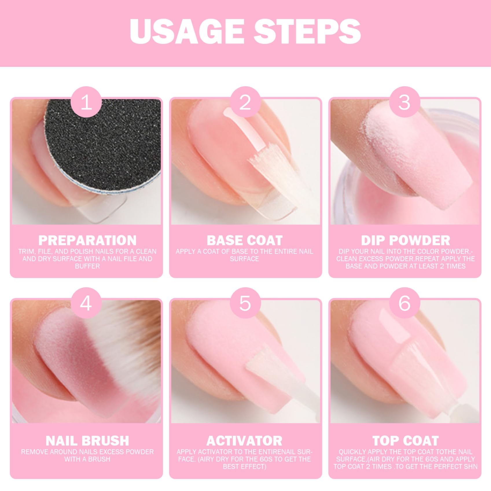 Poudre à tremper pour ongles en acrylique, 6 couleurs, sans UV/lampe LED requis, Kit de bricolage longue durée pour débutants, manucure, 6 pièces
