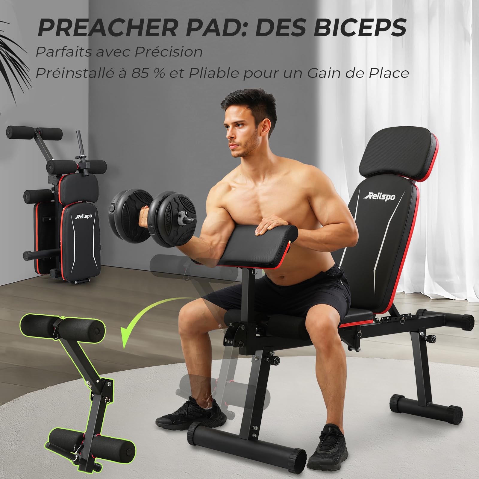 Banc Musculation Réglable Amélioré avec Extension et Curl Jambes - 9 Positions Dos Pliable - Banc Abdominaux 550 KG pour Gym Maison - Banc Incliné/Decliné/Plat pour Musculation Full Body