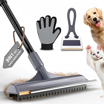 Carpet Rake for Pet Hair Removal - Reusable Dog & Cat Hair Remover with 58" Reinforced Steel Handle, 3-in-1 Professional Modular Rug Rake & Scraper Tool for Shag Rugs, Couch, Stairs (Gray)