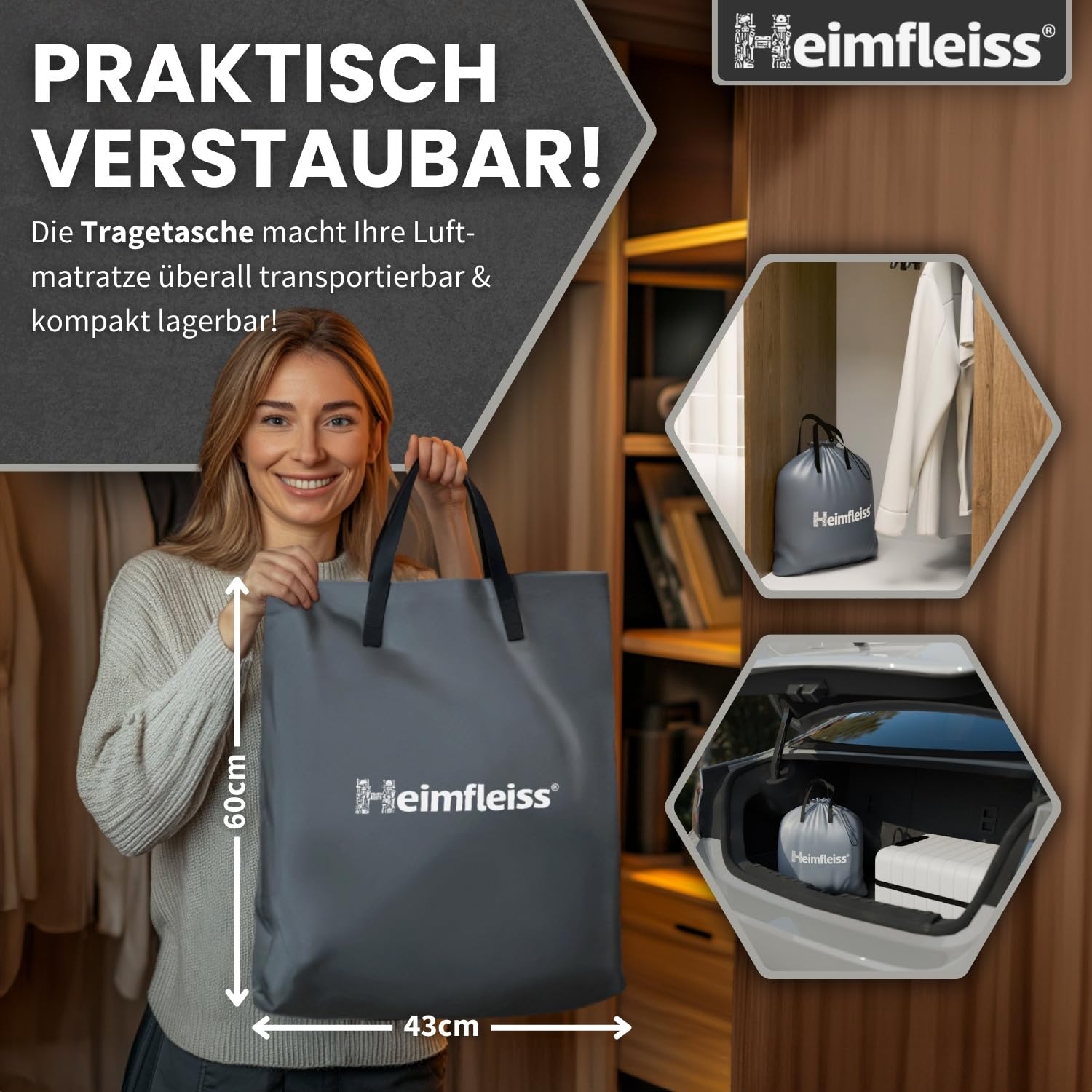 Heimfleiss® Luftmatratze Selbstaufblasend 150x200 cm Premium Luftbett 2 Personen Camping Gästebett mit Pumpe