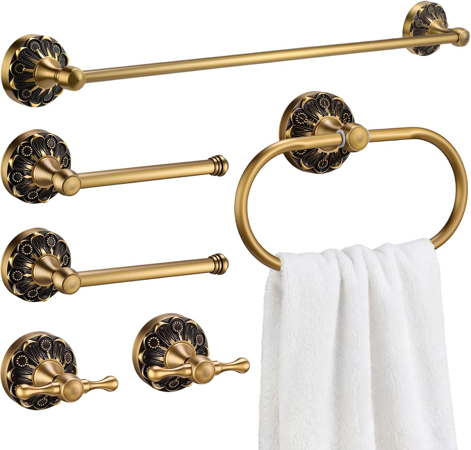 6 Pcs Antique Brass Bathroom Accessories Set 24 Vintage Bronze Towel Rack, Toilet Paper Holder, Hand Wash Cloth Holder and Rotatable Towel Ring Wall Mounted Antique Gold Hardware Supply