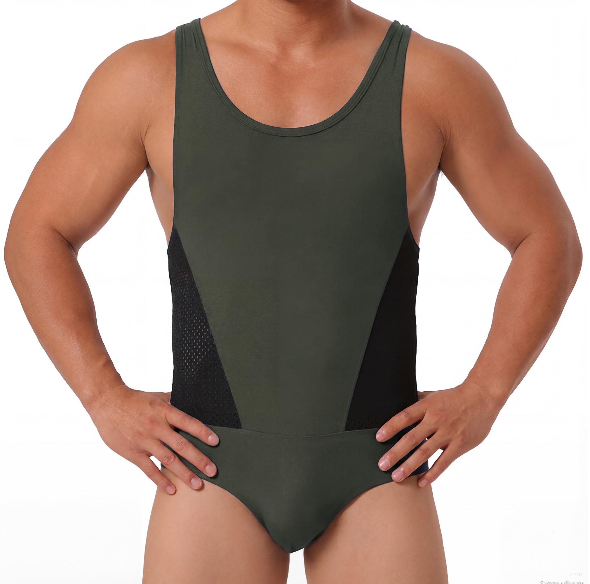 AIEOE Men's Sports Jumpsuit One-piece Elastic String Body Mesh Sleeveless Compression Singlet Sportswear S