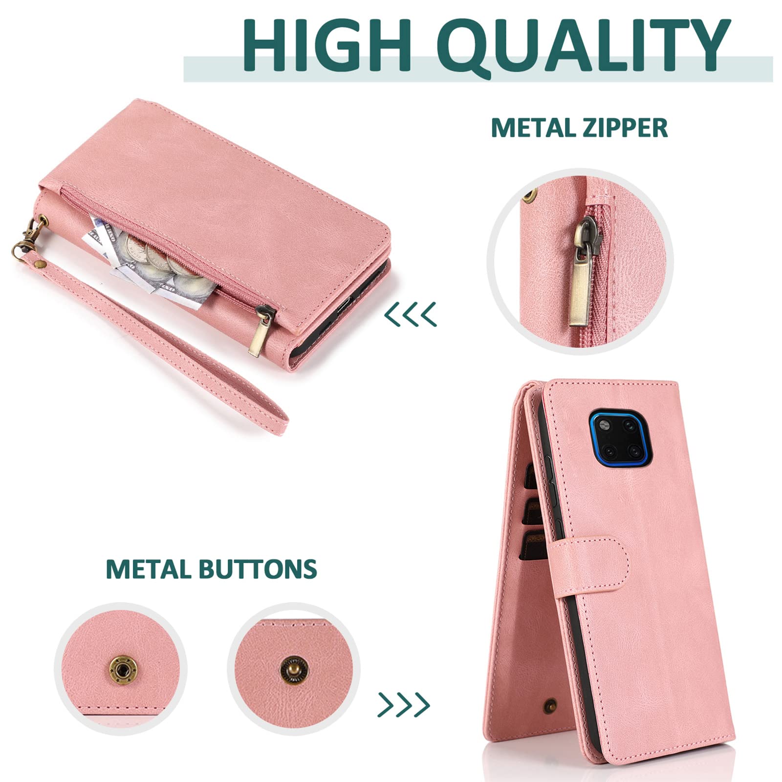 Custodia A Portafoglio Per Huawei Mate 20 Pro Con Vetro Temperato E Cinturino – Pelle Sintetica, 8 Slot Carte E Supporto
