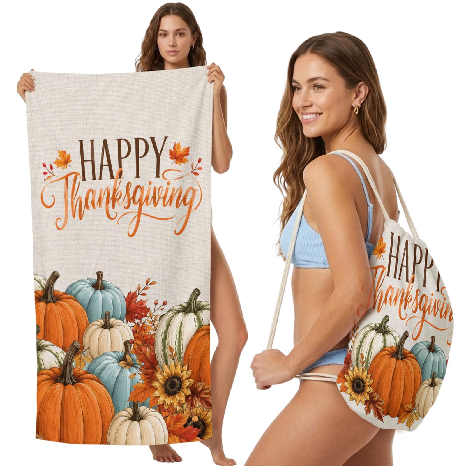 2-in-1 Beach Towel Backpack,Happy Thanksgiving Pumpkin Sunflower Maple Leaf Bath Towel with Built-in Storage Retro Linen Convertible Foldable Beach Blanket for Travel Pool Gym Camping Swim,31x63in