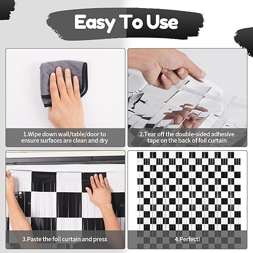 Miniatura 4 de Paquete de 3 telón de fondo a cuadros blanco y negro, decoración de fiesta de cumpleaños con flecos metálicos, cabina de fotos de pista de carreras