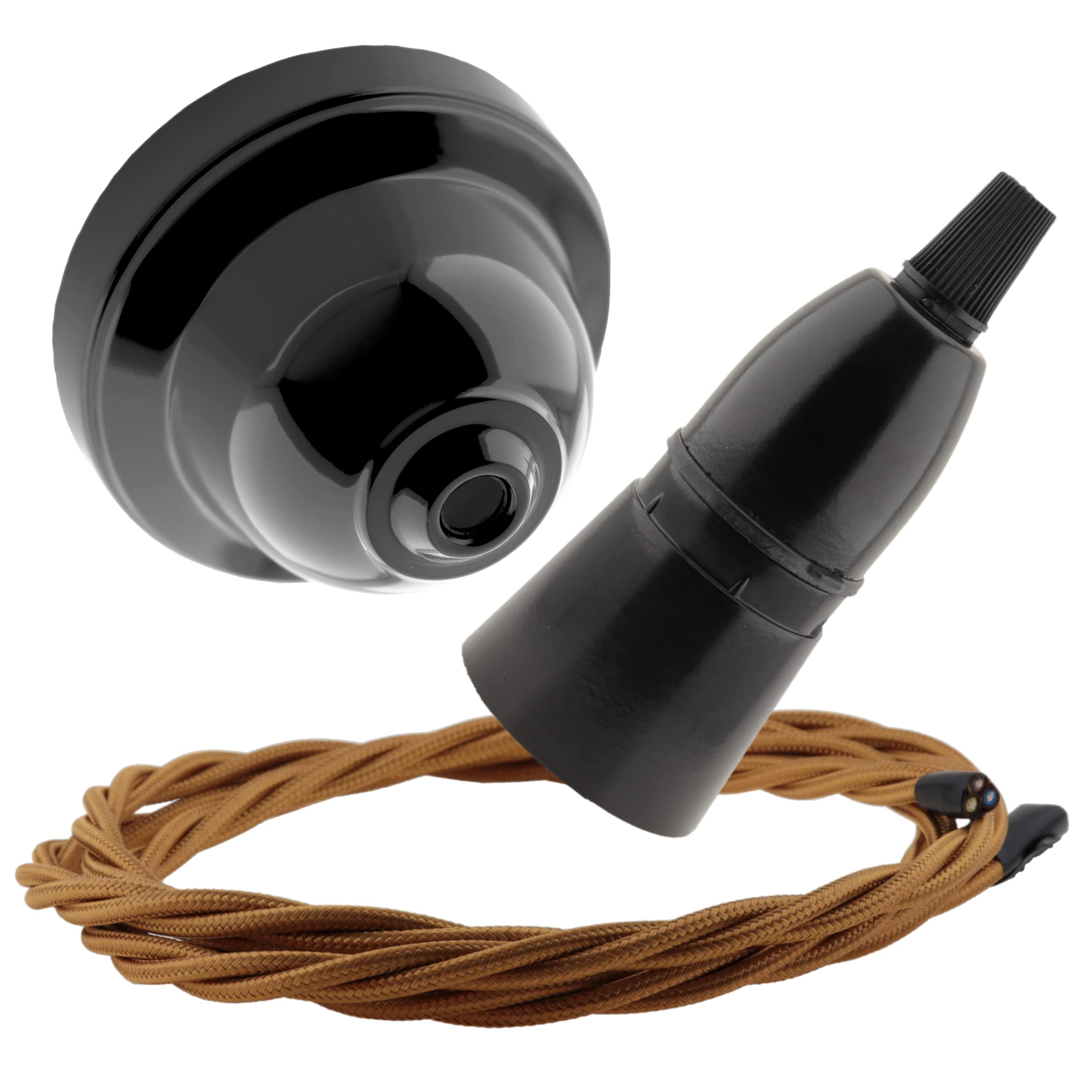 Repaireum Ltd. Black Bakelite Ceiling Pendant Kit with B22 Skirted Lampholder and Antique Gold Flex