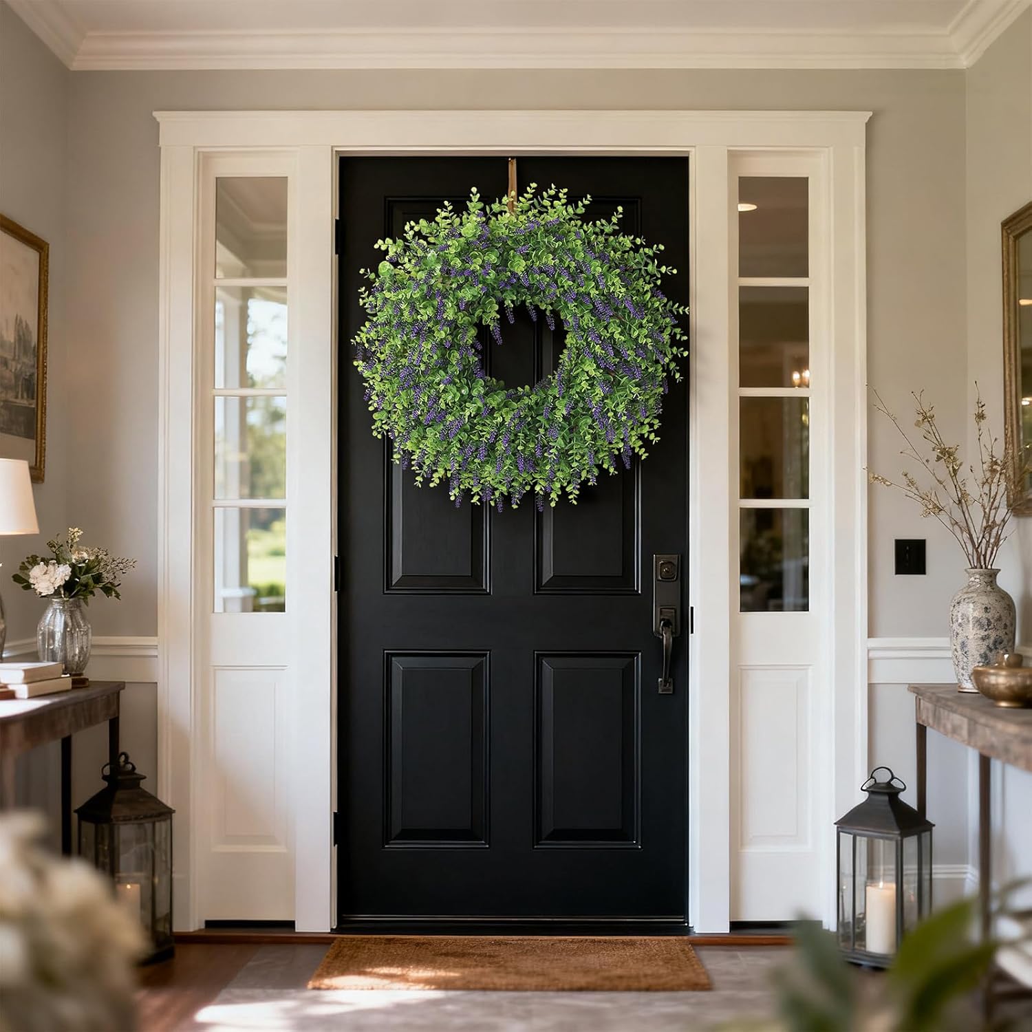 26" Artificial Lavender & Eucalyptus Wreath for Front Door - UV Resistant Faux Greenery Outdoor Wreath for Wall, Window, Farmhouse, Spring, Summer Decor