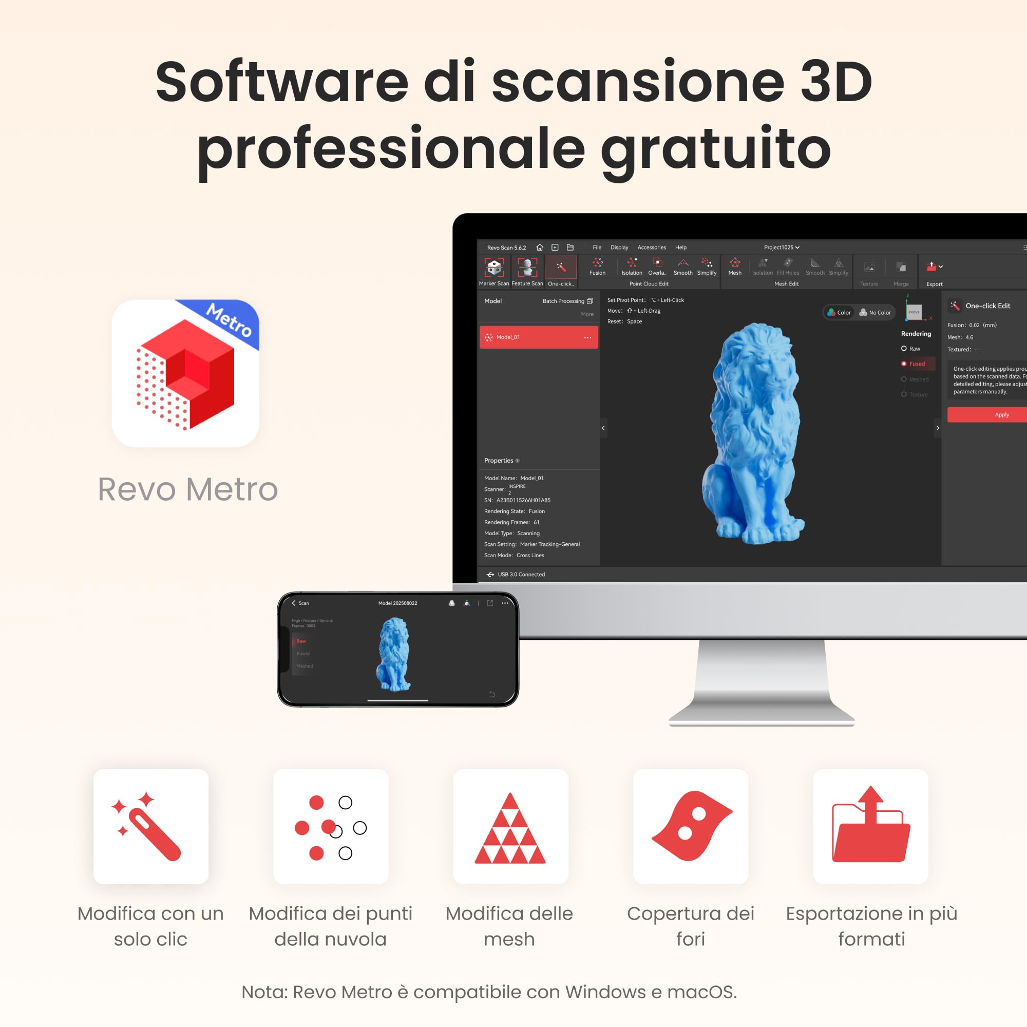 Revopoint INSPIRE 2 Scanner 3D per stampa 3D, Precisione da 0,03 mm, Laser Multilinea e Luce Strutturata, Scansione Wireless per Esterni, Scansioni a Colori, per iOS/Android/macOS/Win10/11, Standard