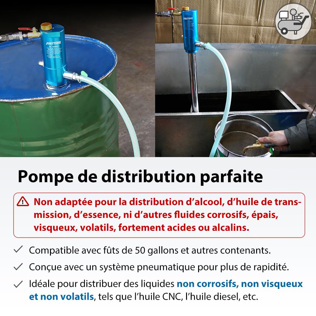 FIRSTINFO Pompe Pneumatique pour Fût d’Huile 200L, Pompe 1:1 Haute Viscosité, Distributeur d’Huile pour Réservoirs Ouverts, Compatible Huile Moteur et Transmission, A1182EU