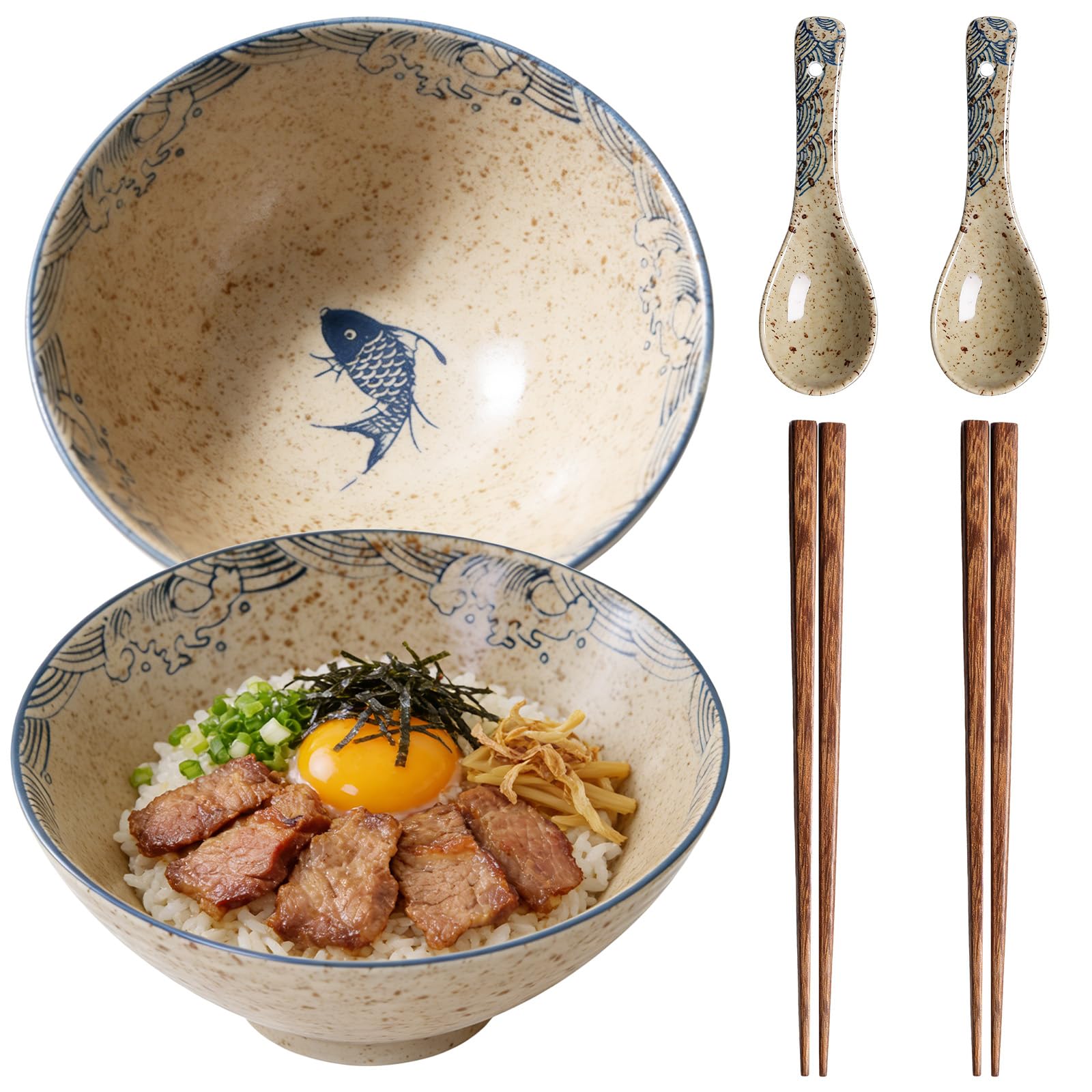 Ramen zestaw 2-częściowy, 2 x 1200 ml ceramiczna miska ramen z pałeczkami i łyżeczkami, duża miska na zupę i salaterkę, zestaw ramen do ramenu, pho, udon, nadaje się do kuchenki mikrofalowej i mycia w