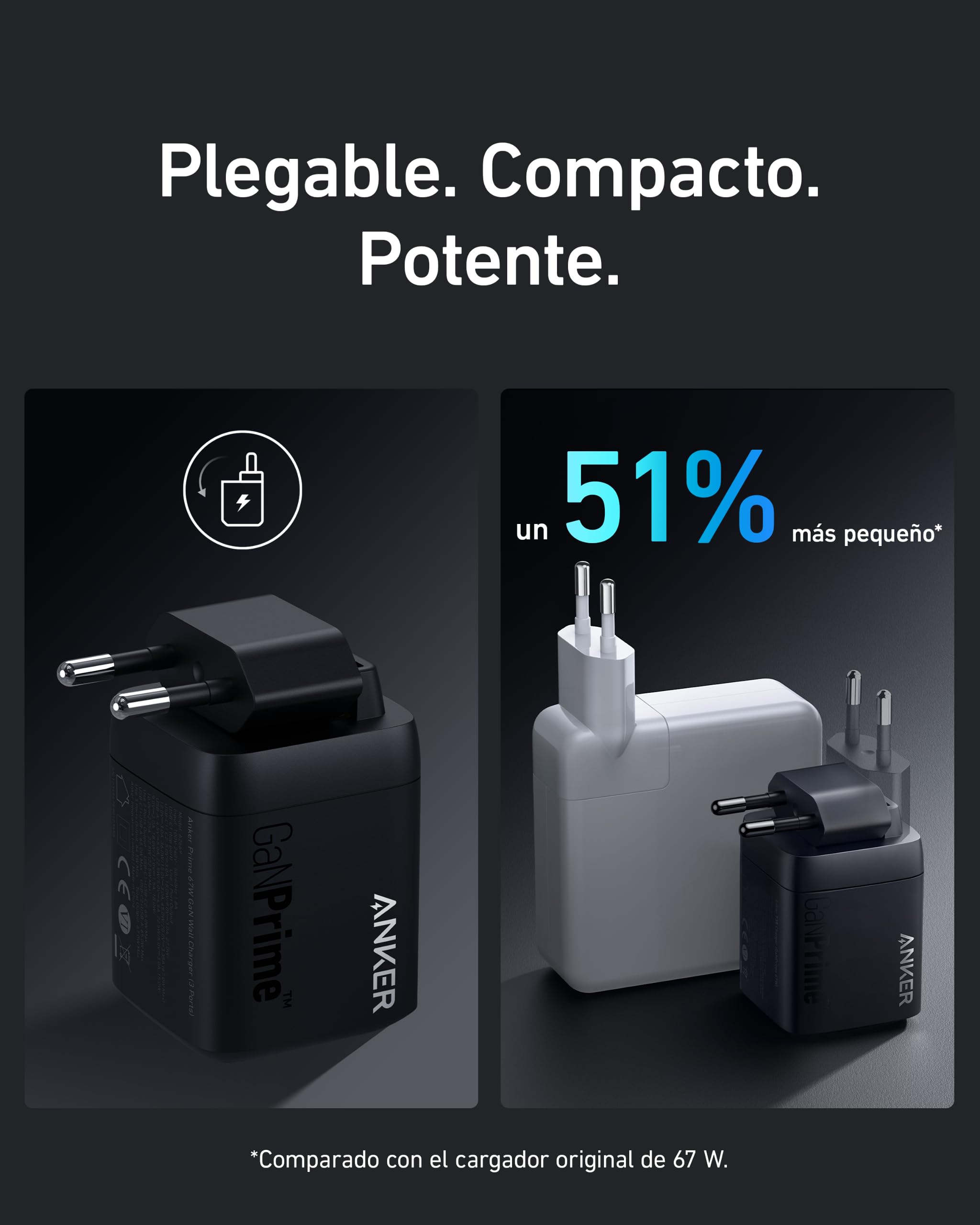 Anker Prime Cargador USB C Carga Rapida 67W, Cargador Plegable y Compacto con 3 Puertos, para MacBook Pro/Air, iPad Pro, iPhone 17/16/15/14 Pro Air, Galaxy S23/S22, Note20, Pixel, Apple Watch y más
