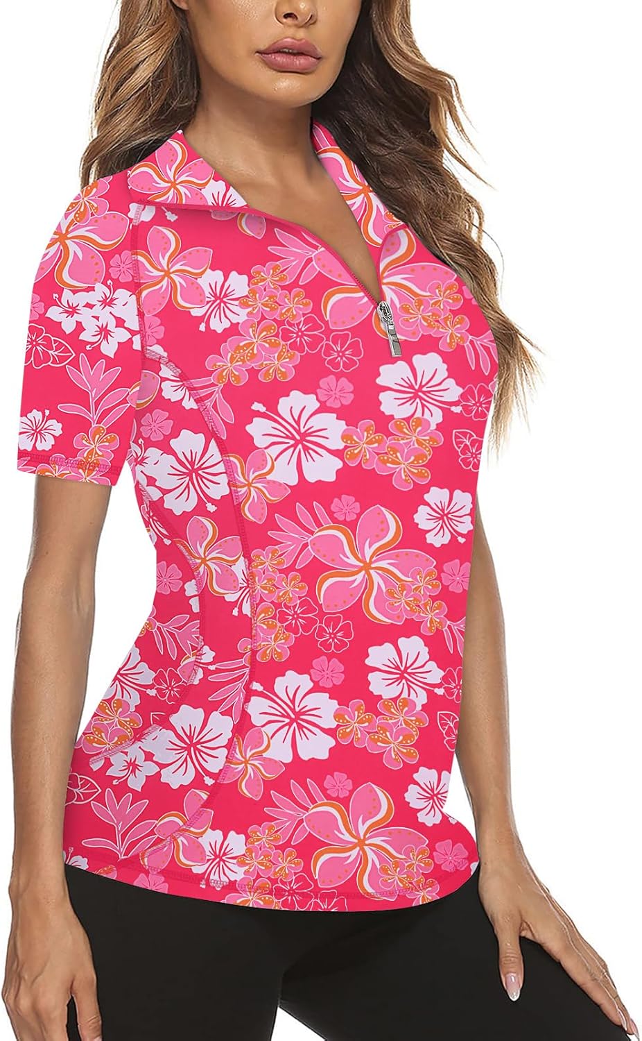 Koscacy Womens Quarter Zip Polo Shirts Short Sleeve Quick Dry Golf Tennis Athletic Tops (S-2XL)