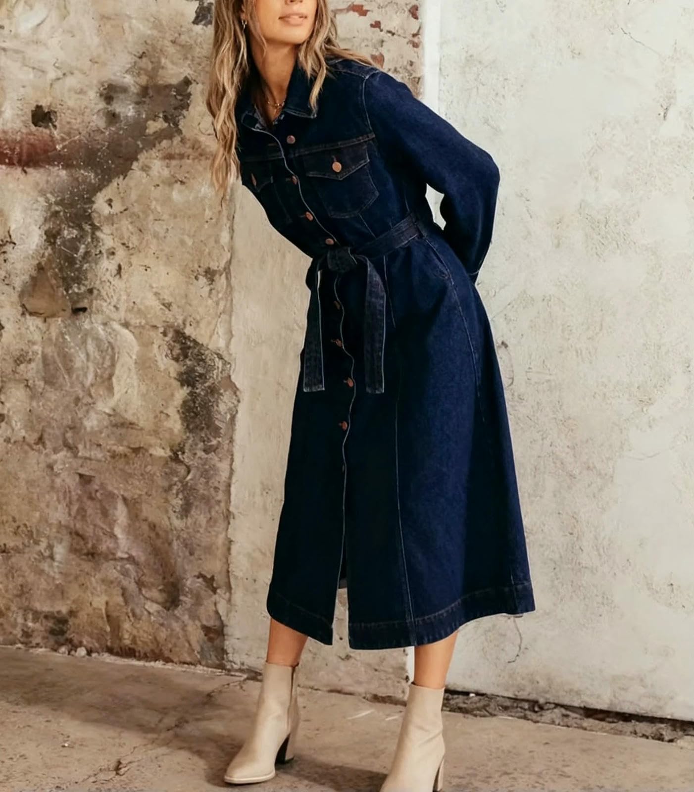 Vestito Elegante Abito da Donna in Denim con Cintura, Manica Lunga Pulsante Anteriore Midi Casual per Ufficio E Giornaliero-nz-008blue-s