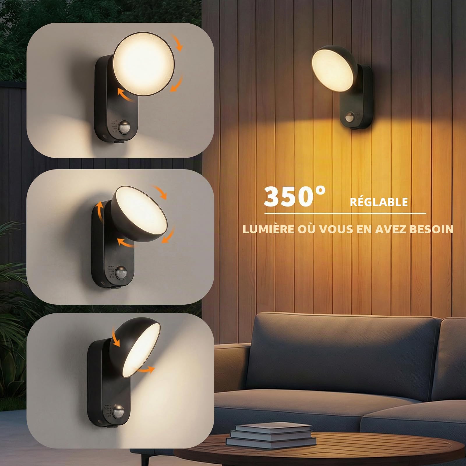 NIORSUN Lampe Exterieur Detecteur de Mouvement – Batterie 10000 mAh, 4 Modes & Intensité Réglable, Étanchéité IP65 Applique Murale Sans Fil, Eclairage Exterieur pour Porche, Garage, Terrasse(1 pcs)