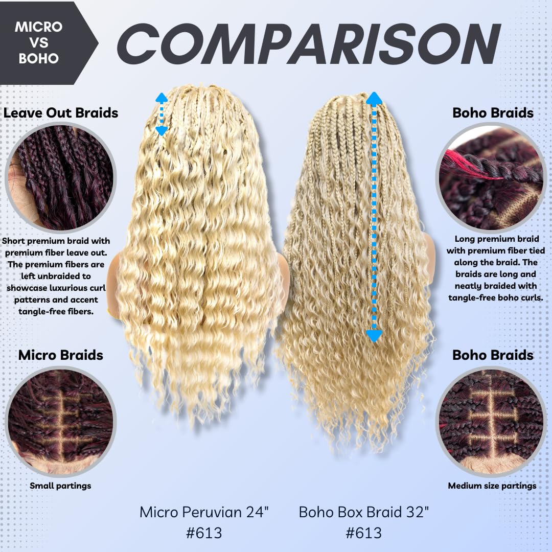 PIB Single Full Lace Braid Wig – Micro Boho Peruvian Deep Wave Box Braided Wig, Knotless Braided Wigs for Black Women, Curly Hair Wig (#613 Platinum Blonde, 24" Small-Medium)