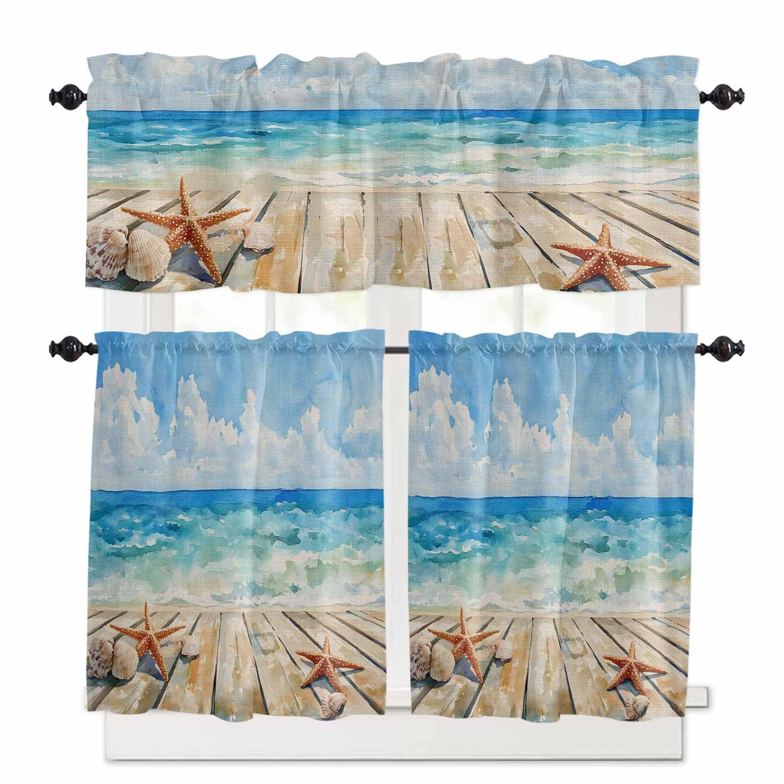 Summer Beach Kitchen Curtains 24 Inch Length,3 Piece Rod Pocket Small Half Tiers and Valance Set,Coastal Starfish Seashells Ocean Blue Sky Small Large Window Treatment Decor for Bedroom/Bathroom Sink