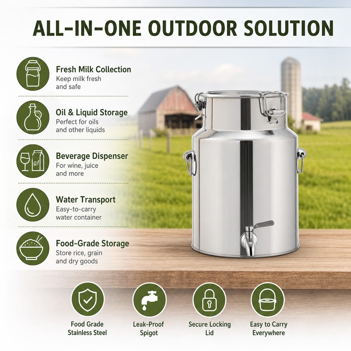 Jarra y Lata de Leche de Acero Inoxidable 304 con Grifo, Cubo y Barril Hermético con Tapa Sellada para Transporte y Almacenamiento de Vino, Aceite, Agua(No Spigot,88L/23.25Gal)