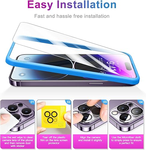 Miniatura 6 de CANSHN Paquete de 3 + 3 protectores de pantalla para iPhone 14 Pro Max, vidrio templado y protector de lente de cámara, accesorios con marco de